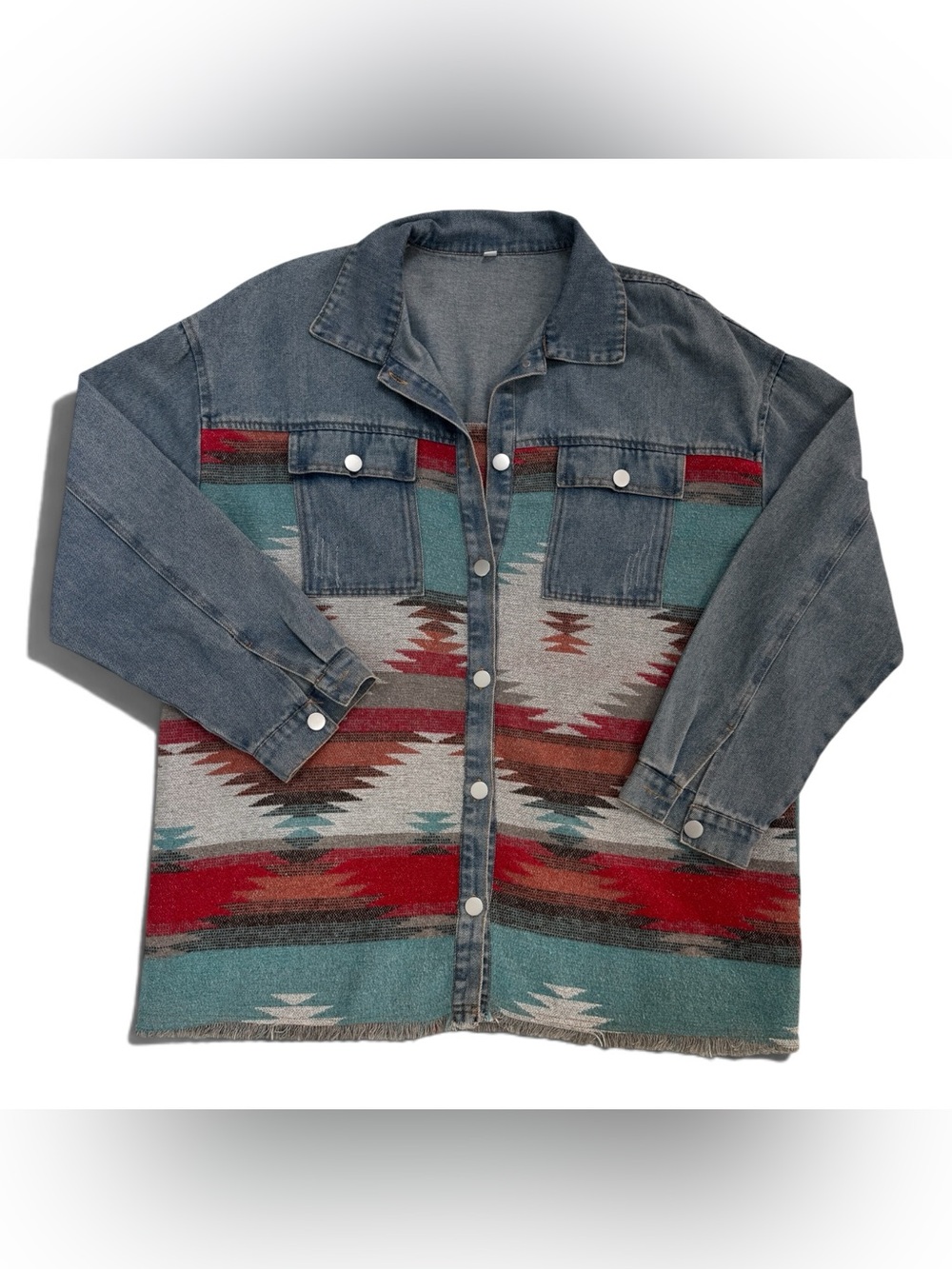 Southwestern Patchwork Denim Jacket in Teal & Red